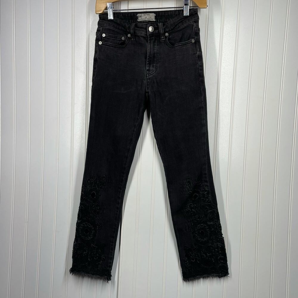 Free People Women’s Black Cropped Straight Leg Boho Jeans Size 24 Denim Pants